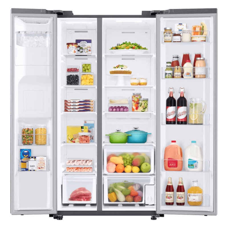 RS27T5200SR 27.4 cu. ft. Large Capacity Side-by-Side Refrigerator in Stainless Steel open with food product image