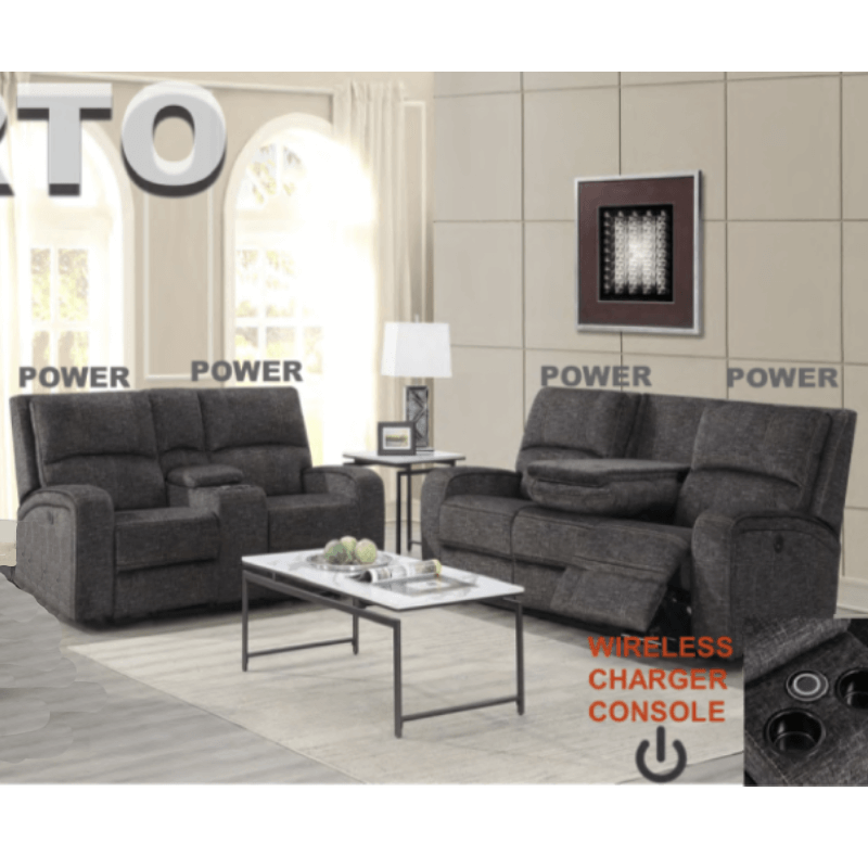 Porto Sofa and Loveseat in Grey Fabric with 4 Power Recliners By WFI