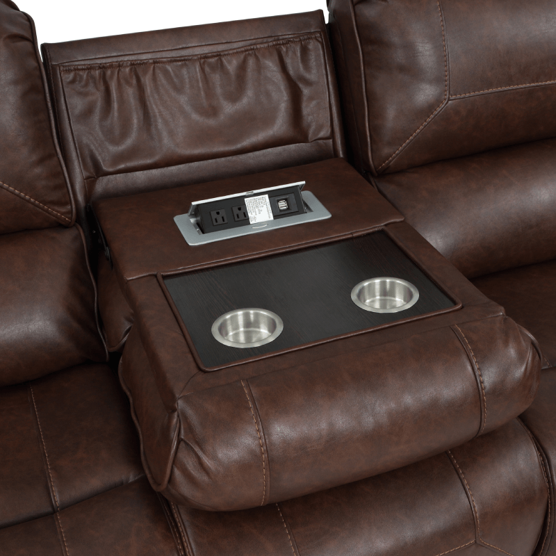 Taos Power Reclining Sofa and Loveseat By New Classic Furniture close up of cupholders and charging ports product image
