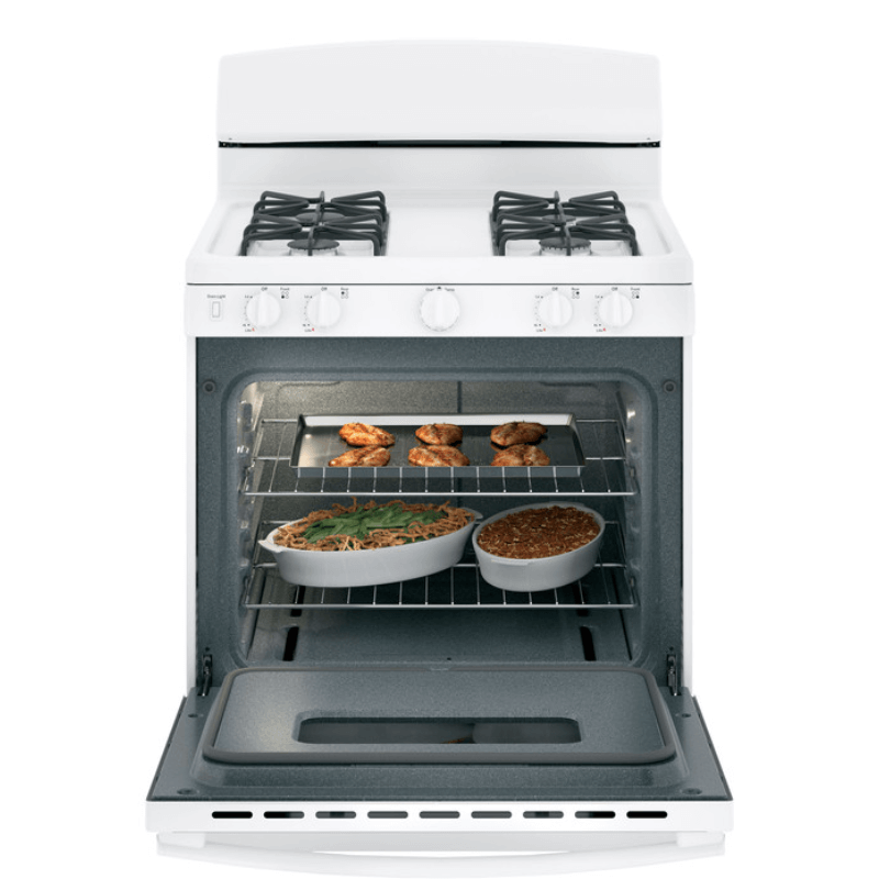 GE® 30" Free-Standing Front Control Gas Range In White oven open product image
