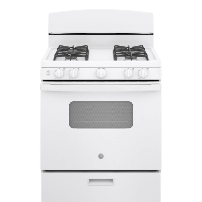 GE 30″ Free-Standing Front Control Gas Range In White