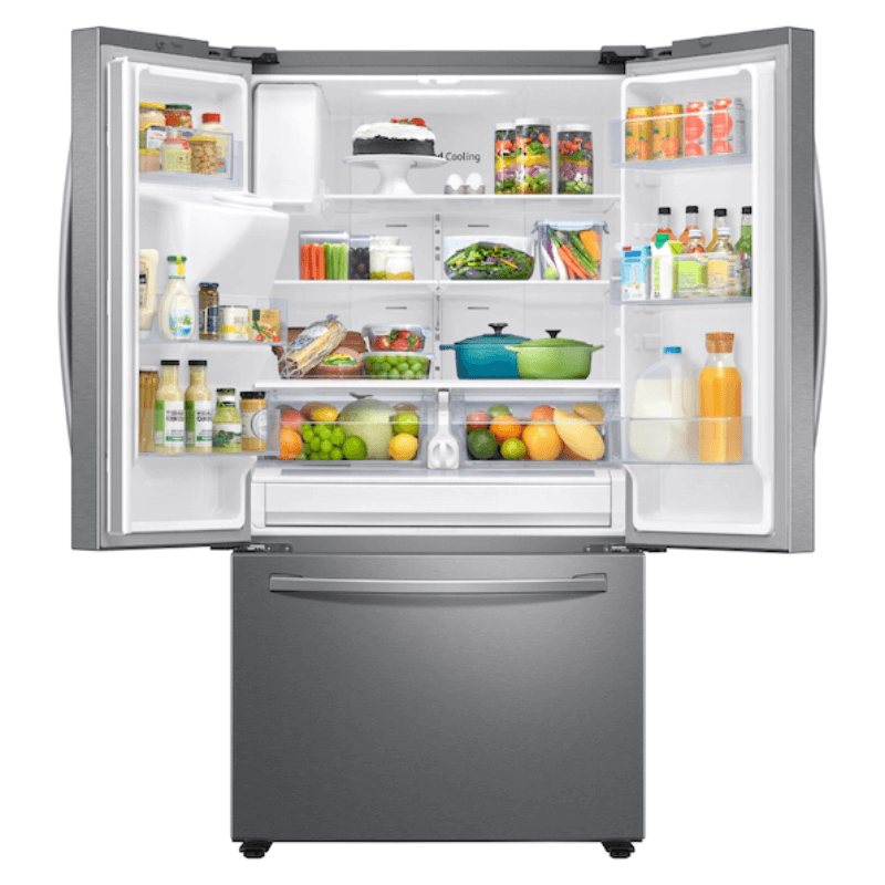 Samsung 26.5 cu. ft. Large Capacity 3-Door French Door Refrigerator with Family Hub™ and External Water & Ice Dispenser in Stainless Steel door open with food product image