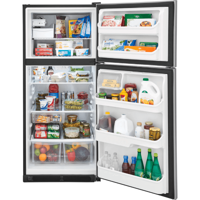 Frigidaire 20.5 Cu. Ft. Top Freezer Refrigerator in Stainless Steel door open with food product image