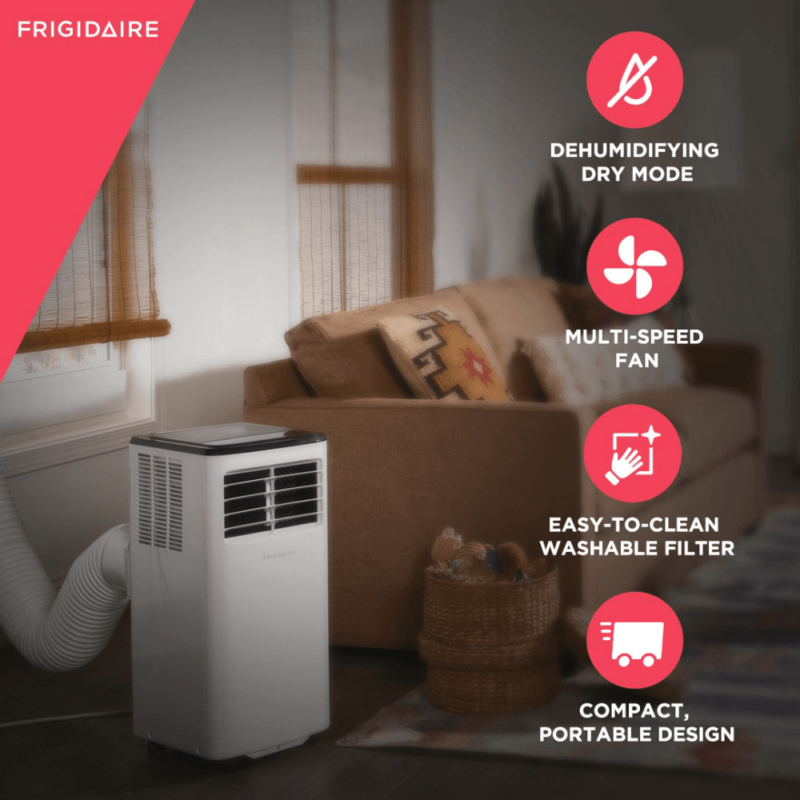 Frigidaire Portable Room Air Conditioner with Dehumidifier Mode 8,000 BTU (ASHRAE) in room with details product image