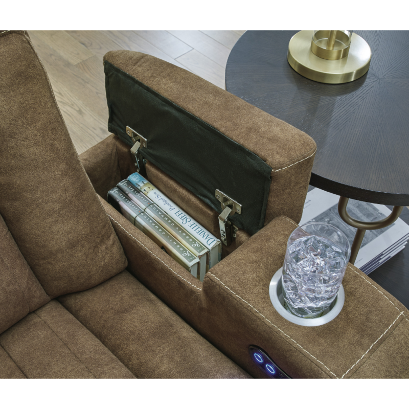 Wolfridge Dual Power Reclining Sofa and Loveseat By Ashley arm rest storage close up product image