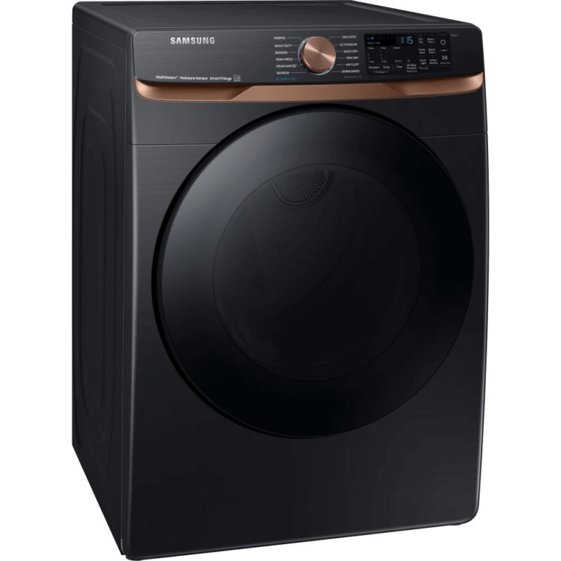 Samsung 27 Inch Gas Smart Dryer with 7.5 cu. ft. Capacity, Steam Sanitize+, Sensor Dry Wi-Fi, Brushed Black open angled product image