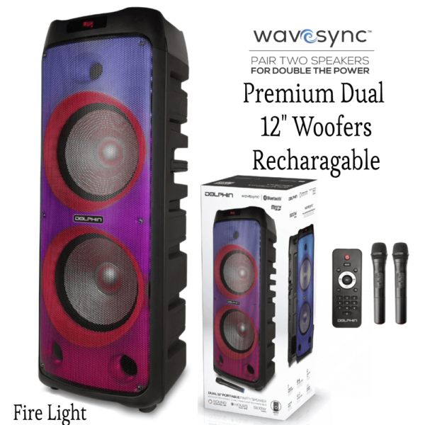 Dual 12” Portable Speaker with Fire Light & Two Wireless Mic By Dolphin product image