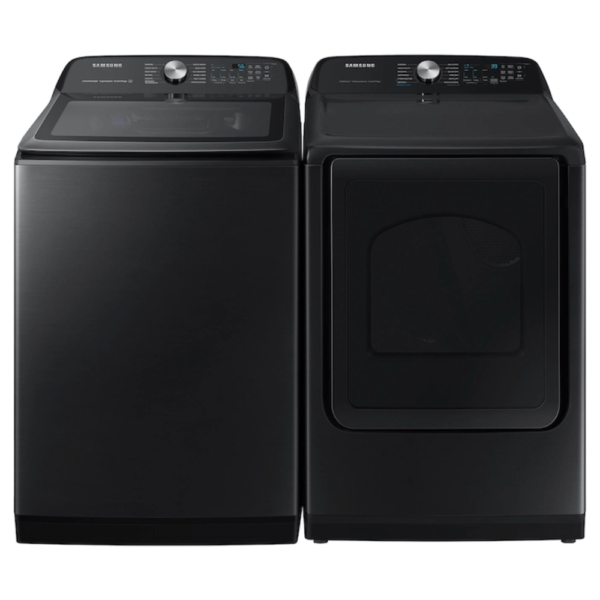 5.1 cu. ft. Smart Top Load Washer with ActiveWave™ Agitator and Super Speed Wash in Brushed Black lid open and dryer pair product image