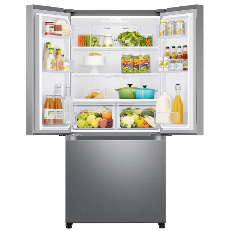 Samsung 18 Cu. Ft. Smart Counter Depth 3-Door French Door Refrigerator in Stainless Steel opened with food product image