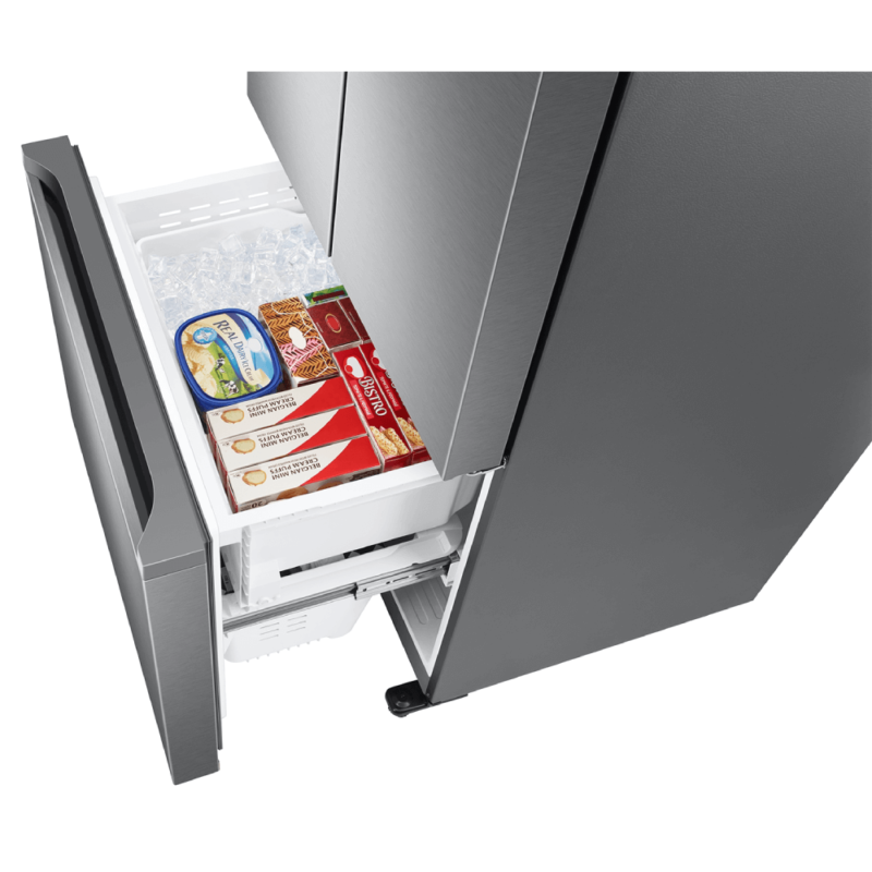 Samsung 18 Cu. Ft. Smart Counter Depth 3-Door French Door Refrigerator in Stainless Steel freezer opened showing top drawer product image