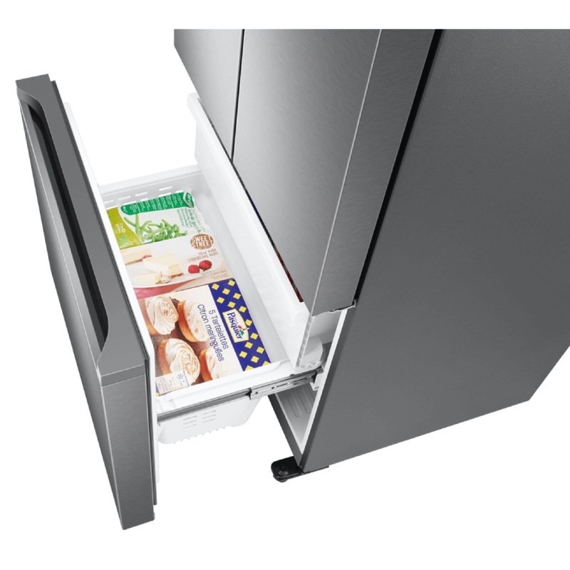 Samsung 18 Cu. Ft. Smart Counter Depth 3-Door French Door Refrigerator in Stainless Steel freezer opened showing bottom drawer product image