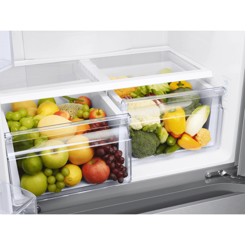 Samsung 18 Cu. Ft. Smart Counter Depth 3-Door French Door Refrigerator in Stainless Steel close up of humidity controlled drawers product image