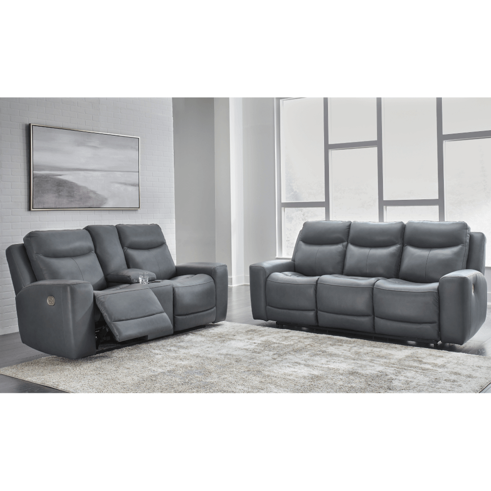 Mindanao Dual Power Leather Reclining Sofa and Loveseat Set By Ashley