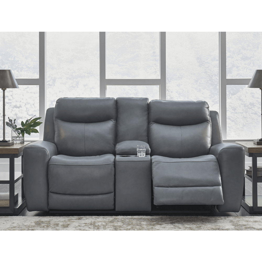 Mindanao Dual Power Leather Reclining Loveseat with Console By Ashley
