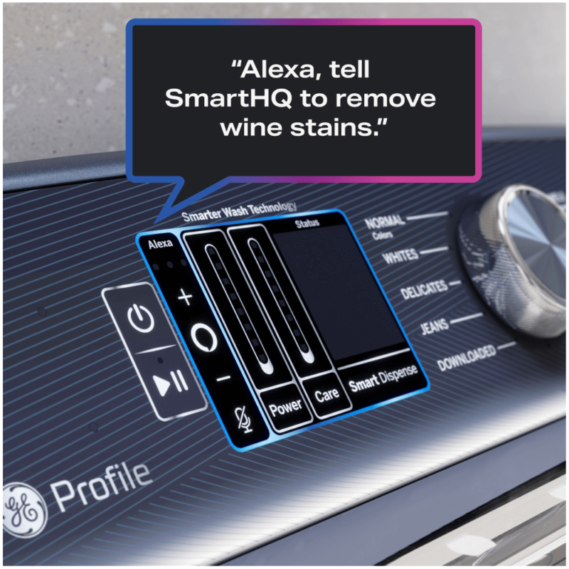 GE Profile™ 5.4 cu. ft. Capacity Washer with Smarter Wash Technology and FlexDispense™ controls close up showing Alexa built in product image