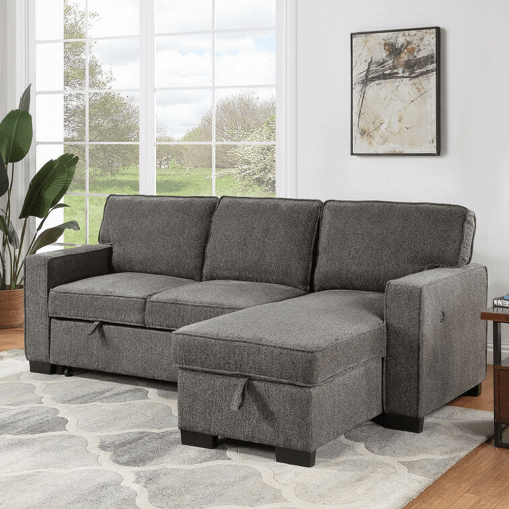 Estelle Dark Gray Fabric Reversible Sleeper Sectional with Storage Chaise Drop-Down Table 2 Cup Holders and 2 USB Ports By Lilola Home