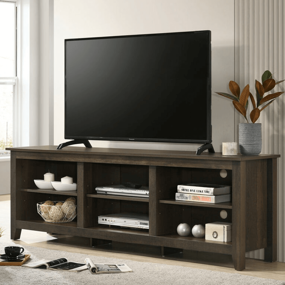 Benito Dark Dusty Brown 70″ Wide TV Stand with Open Shelves and Cable Management By Lilola Home