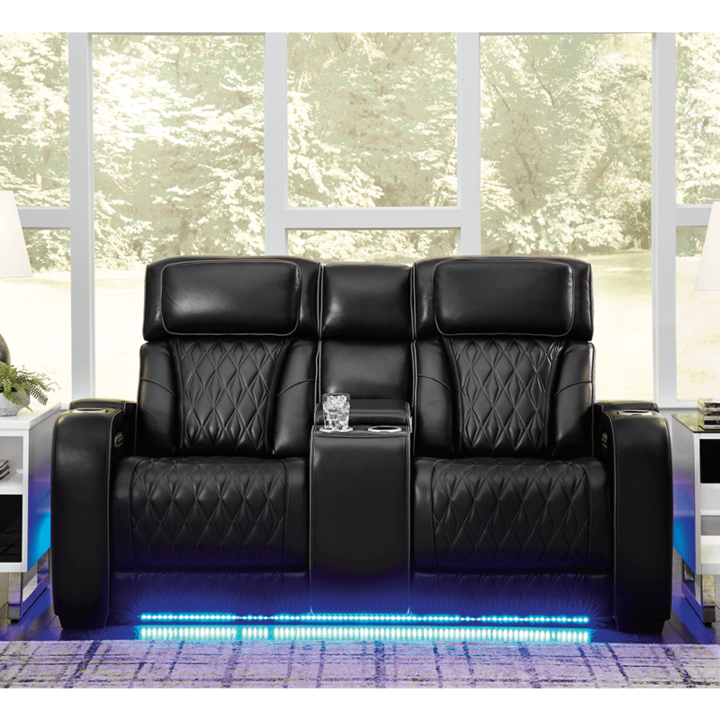 Boyington Triple Power Leather Reclining Sofa and loveseat With Massage By Ashley product image head on
