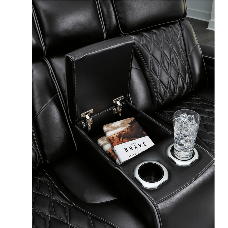 Boyington Triple Power Leather Reclining Loveseat with Console Massage and Charging console close up product image