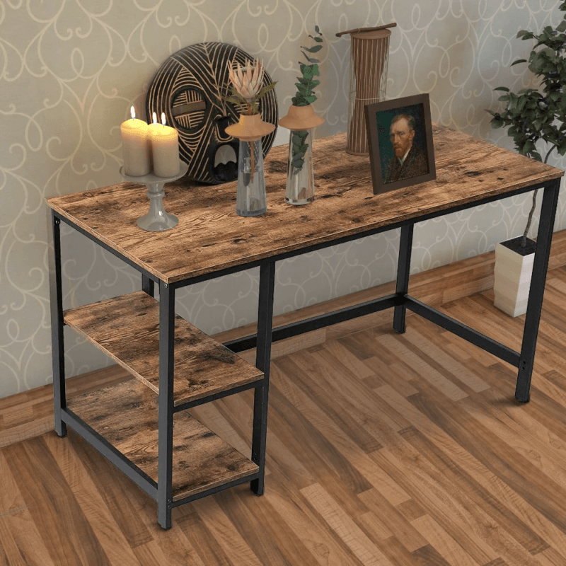 Wood and Metal Frame Computer Desk with 2 Shelves, Rustic Brown and Black By Benzara product image