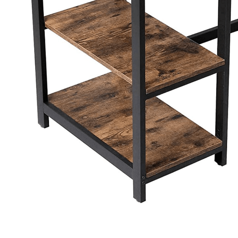 Wood and Metal Frame Computer Desk with 2 Shelves, Rustic Brown and Black By Benzara shelf close up product image