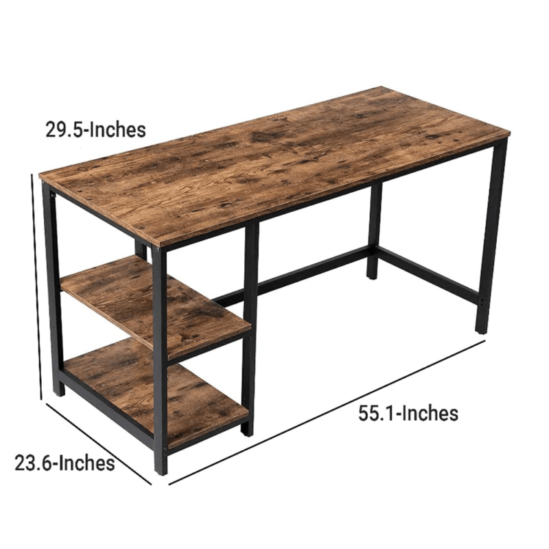 Wood and Metal Frame Computer Desk with 2 Shelves, Rustic Brown and Black By Benzara dimensions product image