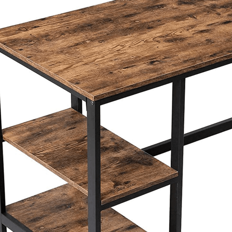 Wood and Metal Frame Computer Desk with 2 Shelves, Rustic Brown and Black By Benzara table top close up product image